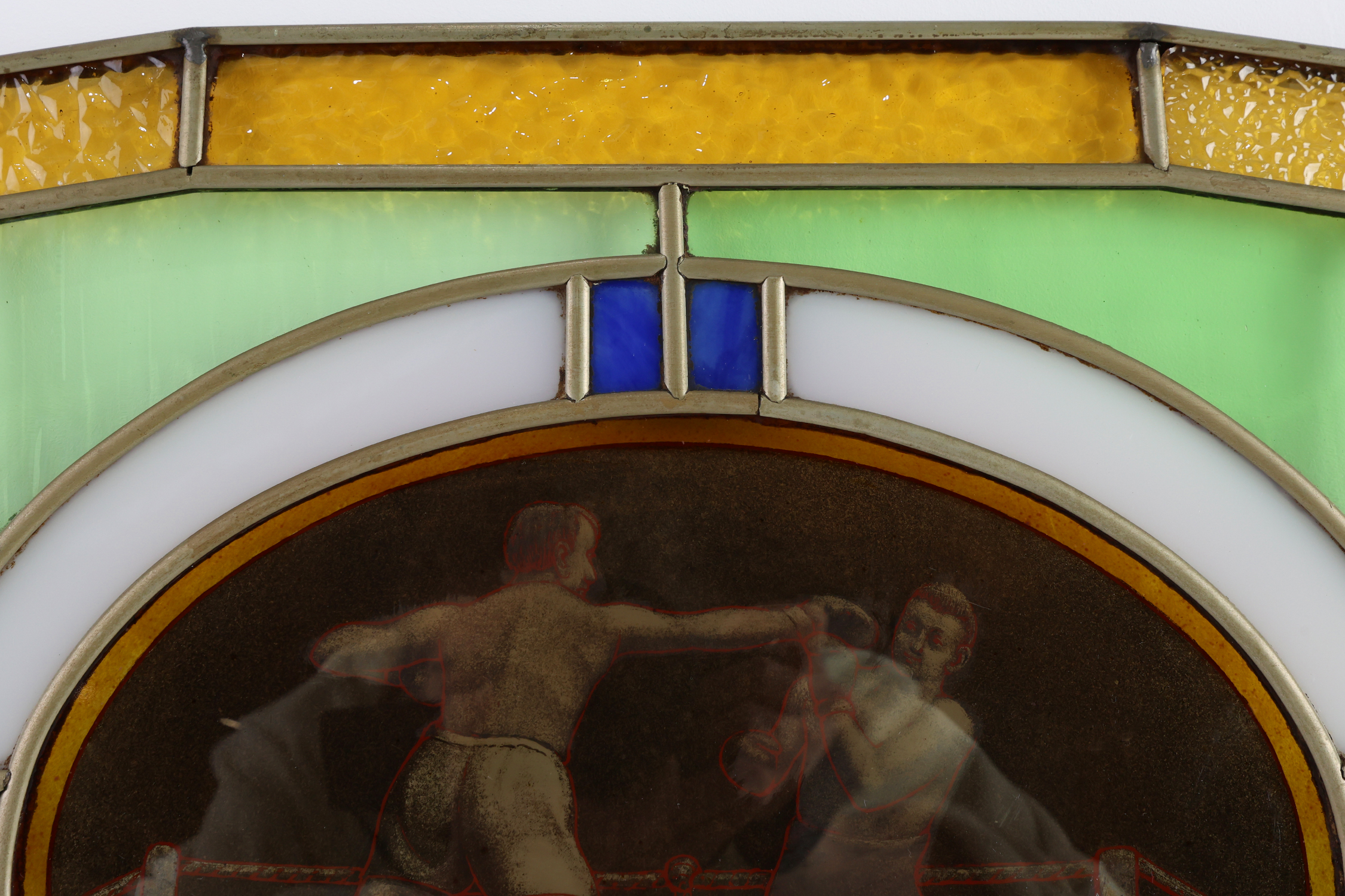 Art Deco Stained Glass Panel Depicting a Boxing Match, Belgium ca. 1910thumbnail